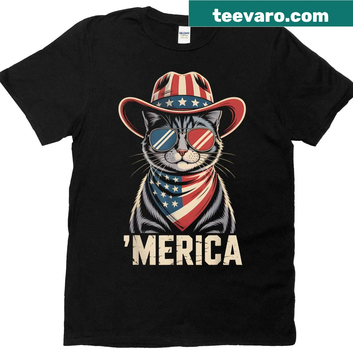 Funny patriotic T-shirt featuring a cartoon cat for 4th of July — on a men's t-shirt