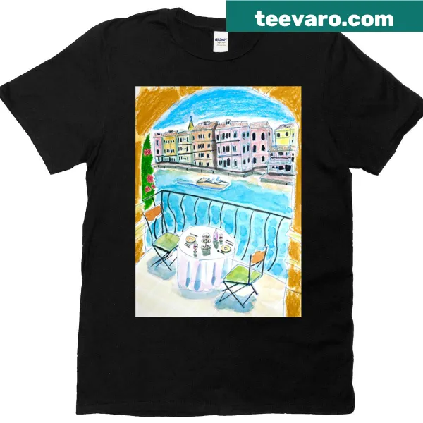 Vintage-style T-shirt featuring a picturesque Venezian Cafe illustration