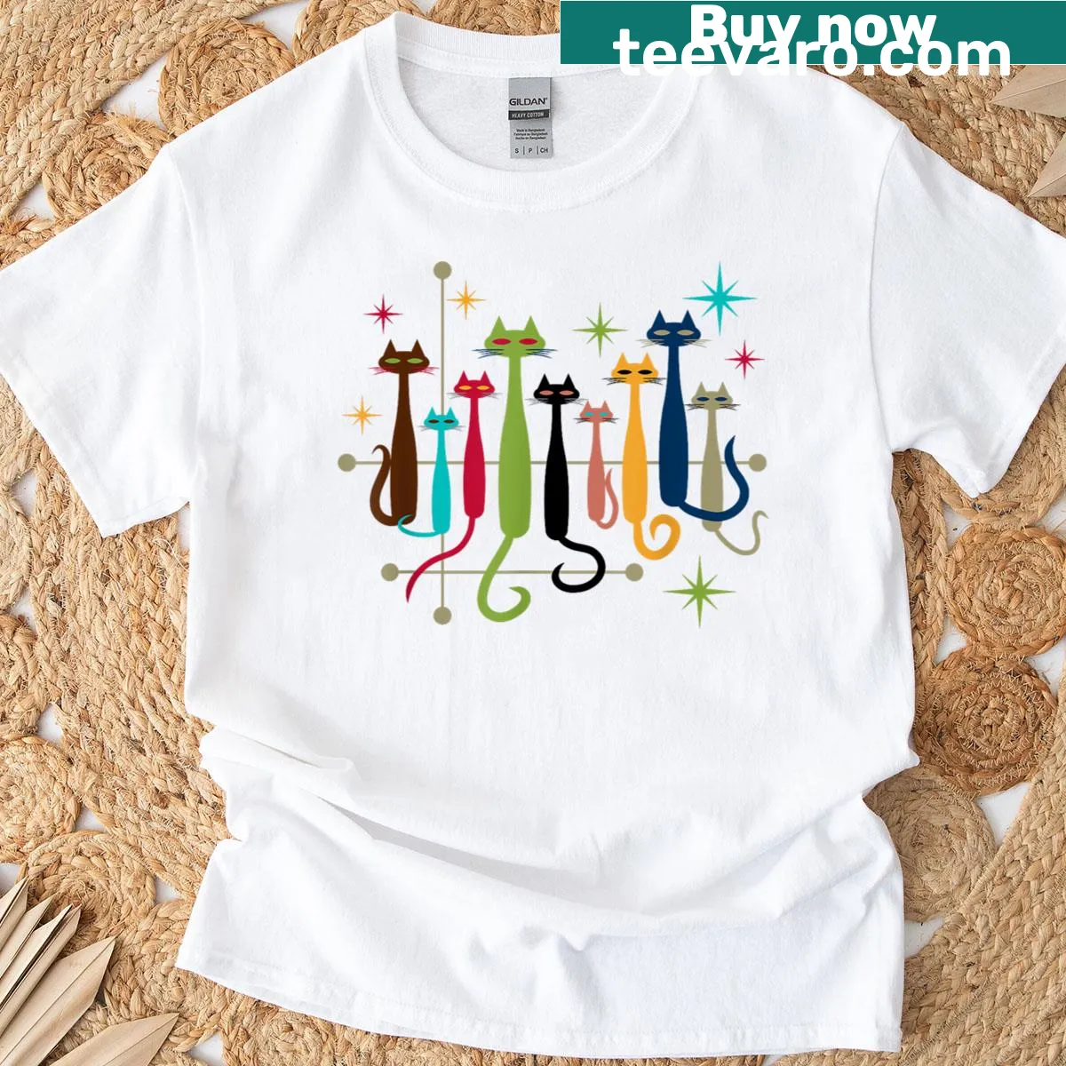 Vintage-style T-shirt featuring retro cat graphics from the 50s and 60s — on a men's t-shirt