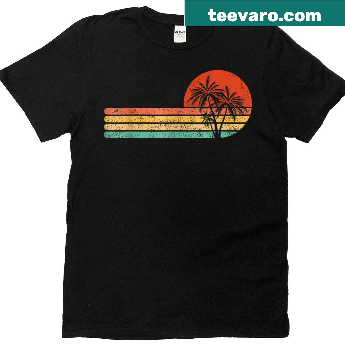Retro beach-themed t-shirt with a palm tree graphic — on a men's t-shirt