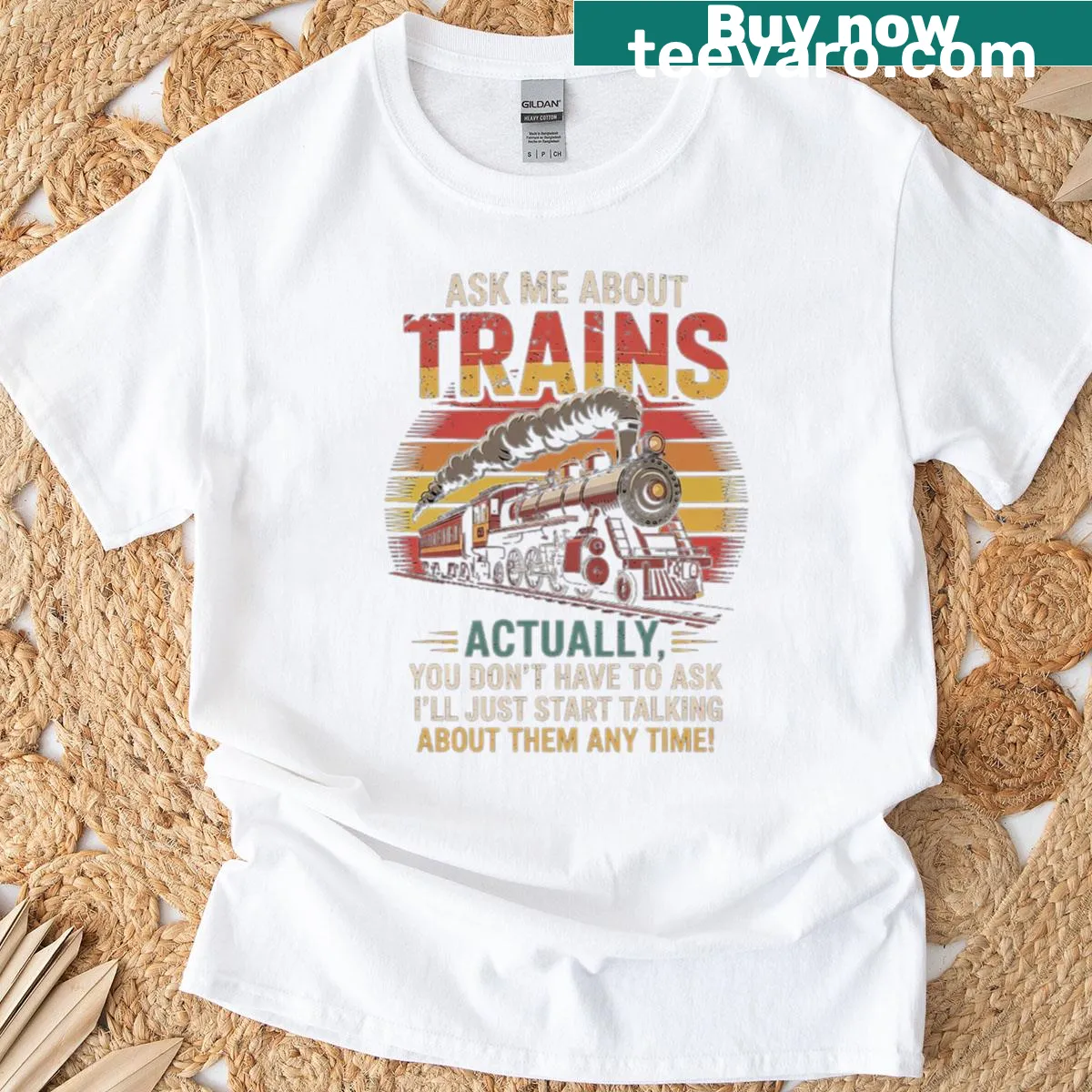 Funny T-shirt with 'Ask Me About Trains' quote for train enthusiasts — on a men's t-shirt