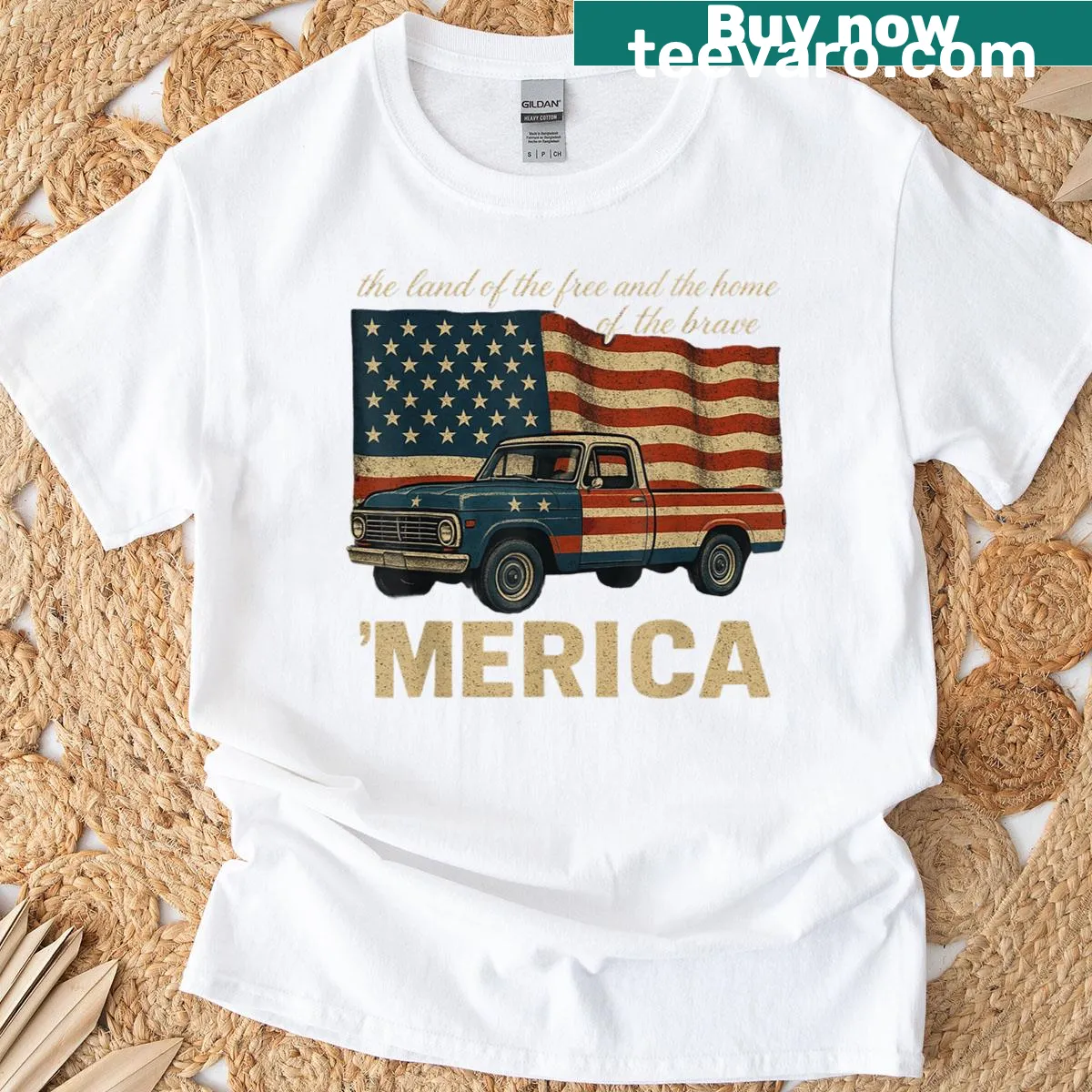 Vintage truck T-shirt featuring the American flag for Fourth of July — on a men's t-shirt