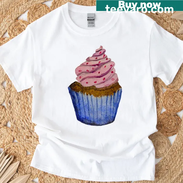 Watercolor T-shirt featuring a chocolate cupcake with pink frosting