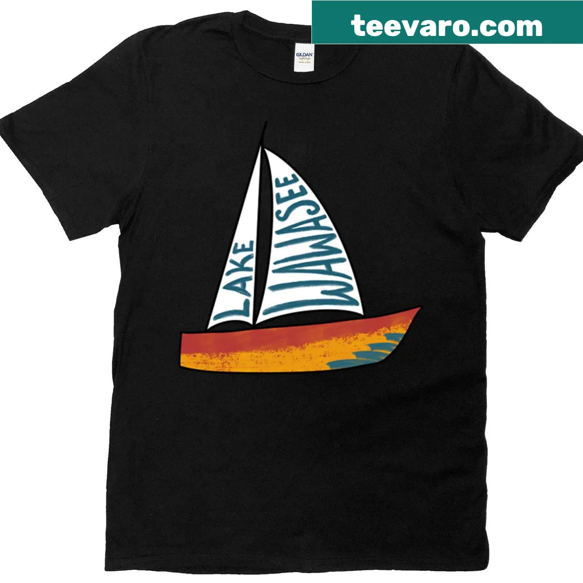 Illustrative graphic of Wawasee Lake on oversized T-shirt — on a men's t-shirt