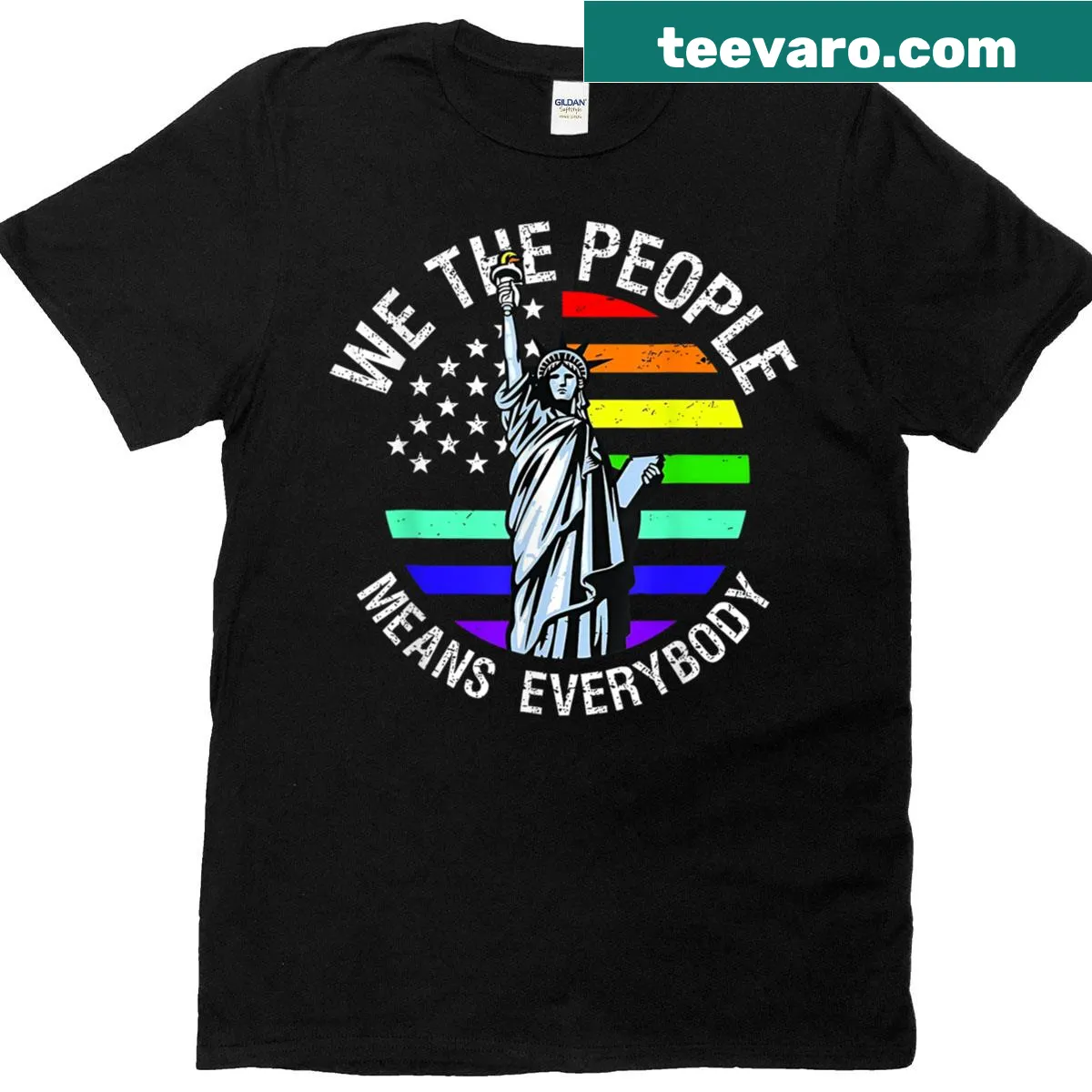 Vintage LGBTQ flag T-shirt with We The People text — on a men's t-shirt