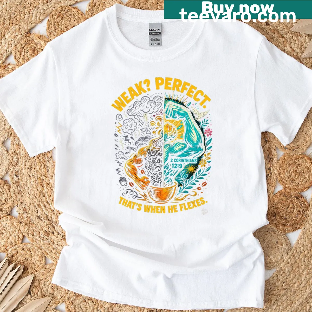 Inspirational T-shirt with 'Weak Perfect' quote from 2 Corinthians 12:9 — on a men's t-shirt