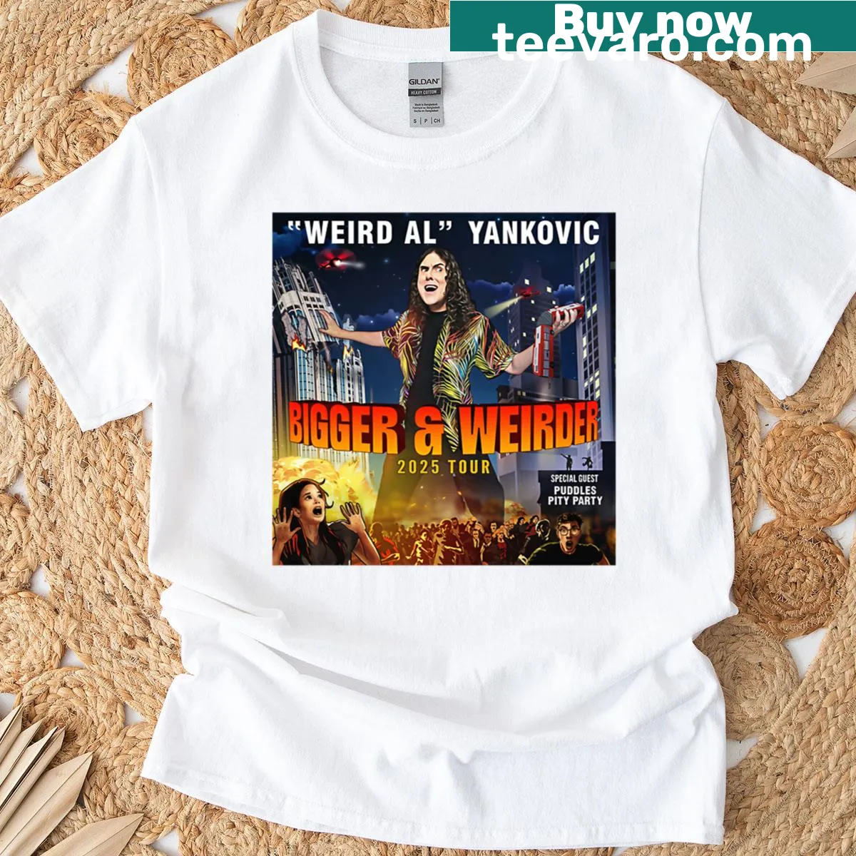 Vintage-style Weird Bigger Tour 2025 t-shirt — on a men's t-shirt