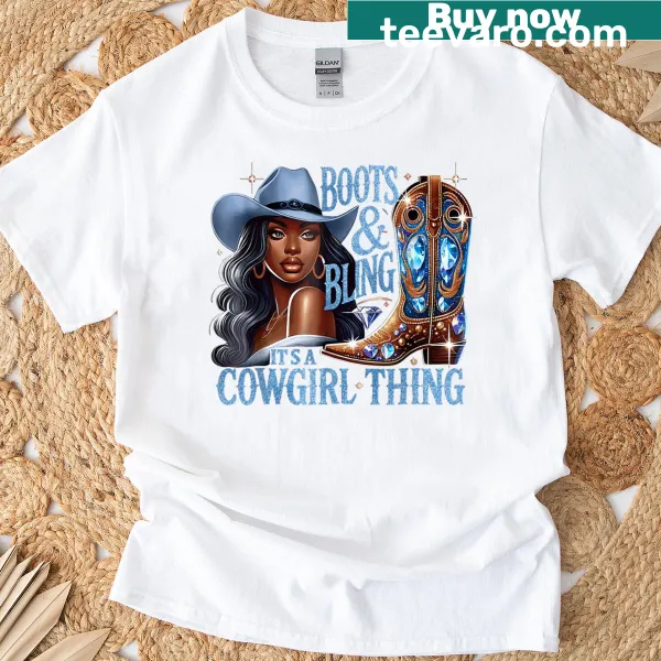 Cowgirl-themed T-shirt with western boots and bling graphic