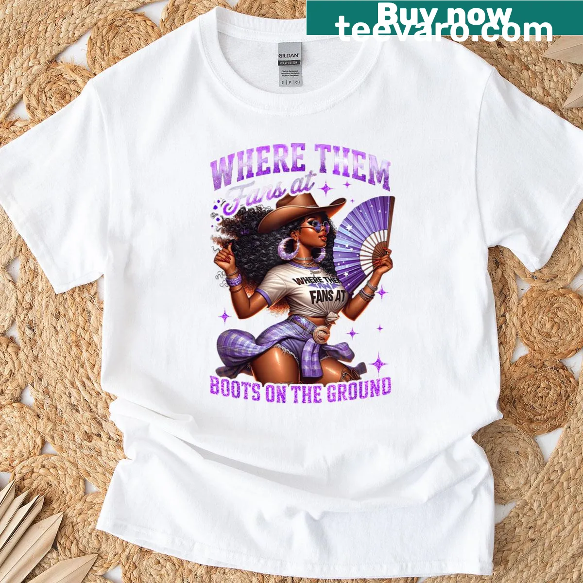 Cowgirl-themed T-shirt with boots and fun graphics — on a men's t-shirt