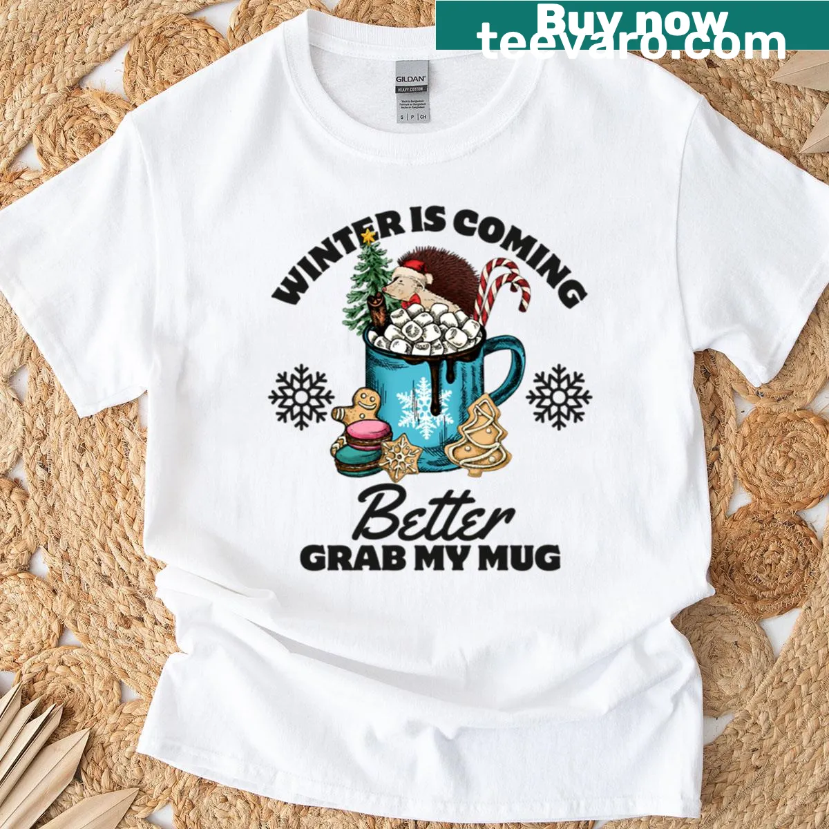 Cozy T-shirt with the phrase about grabbing a mug for winter — on a men's t-shirt