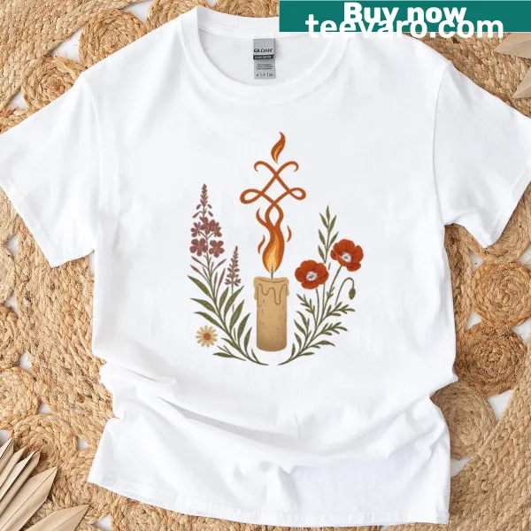 Oversized T-shirt with witch flame candle and poppies design