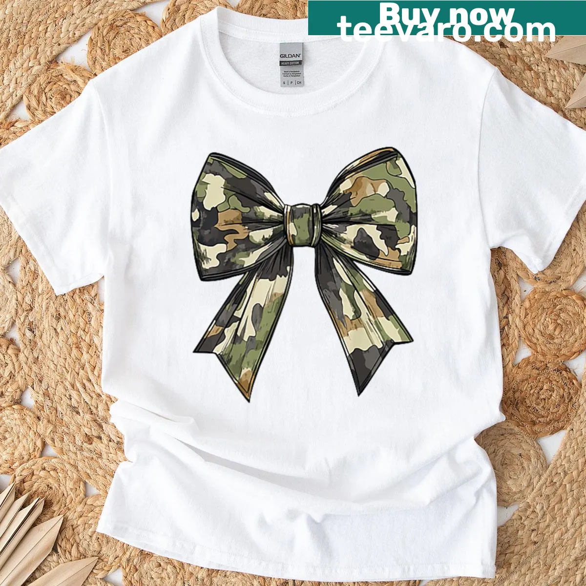 Camouflage hunting t-shirt for women featuring playful bows — on a men's t-shirt