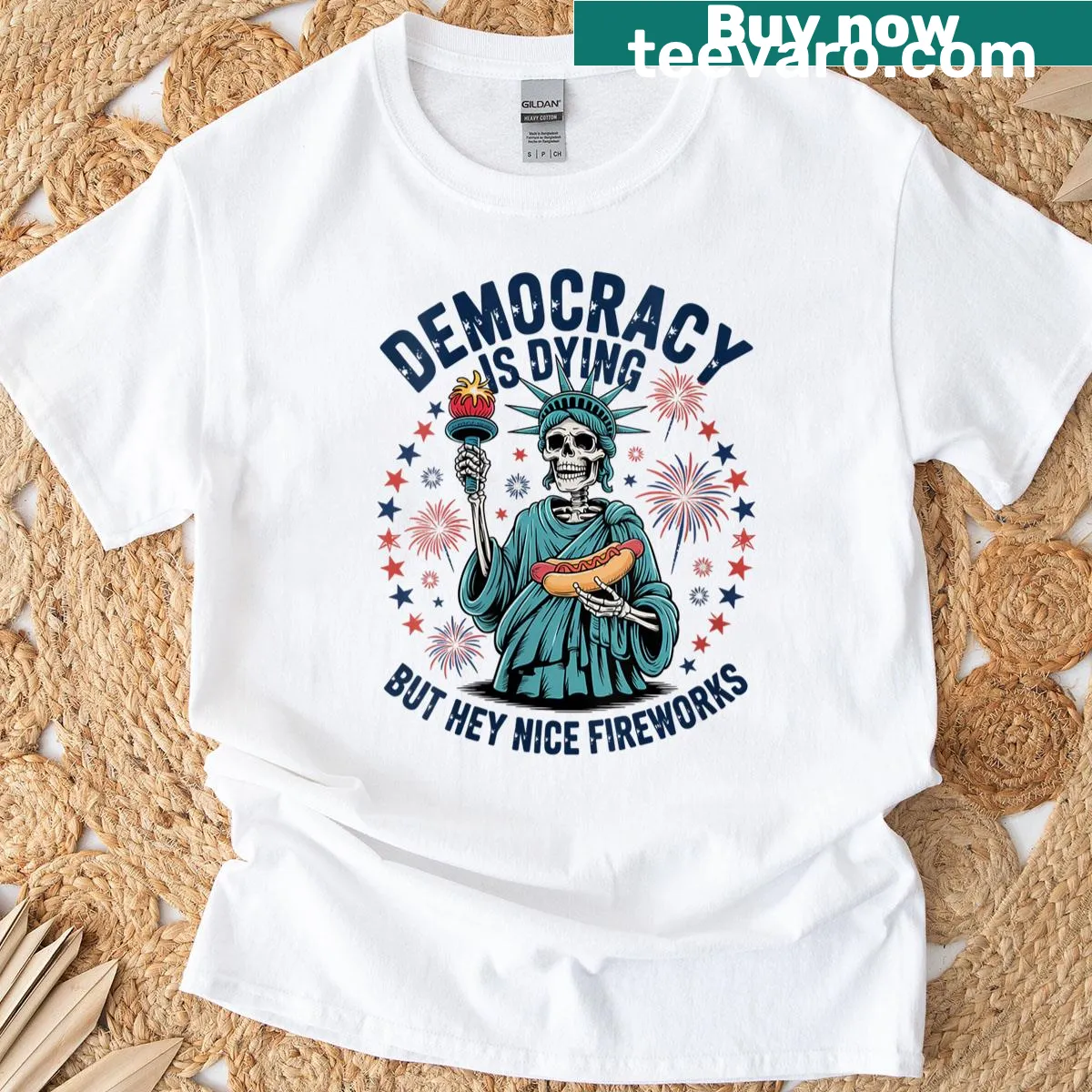 Witty skeleton T-shirt with fireworks and sarcastic 4th of July quote — on a men's t-shirt