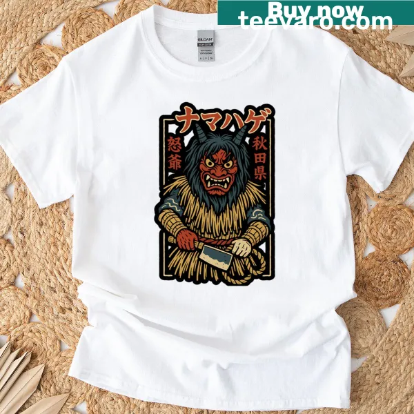 Yokai Namahage graphic T-shirt featuring a mythical creature design