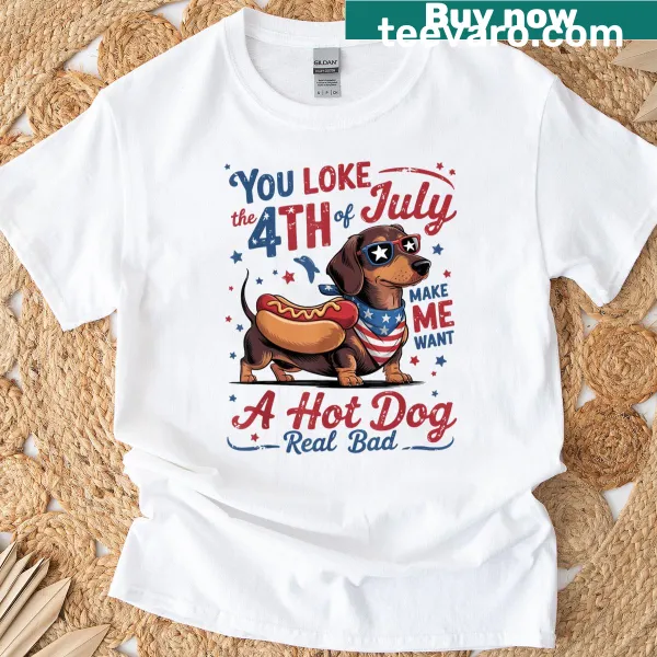 Dachshund t-shirt with patriotic design and humorous text for July 4th