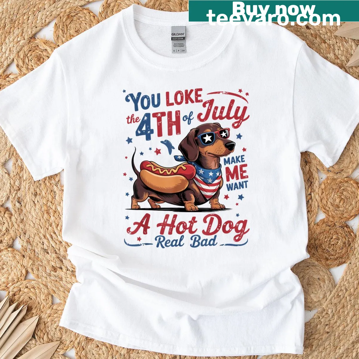 Dachshund t-shirt with patriotic design and humorous text for July 4th — on a men's t-shirt