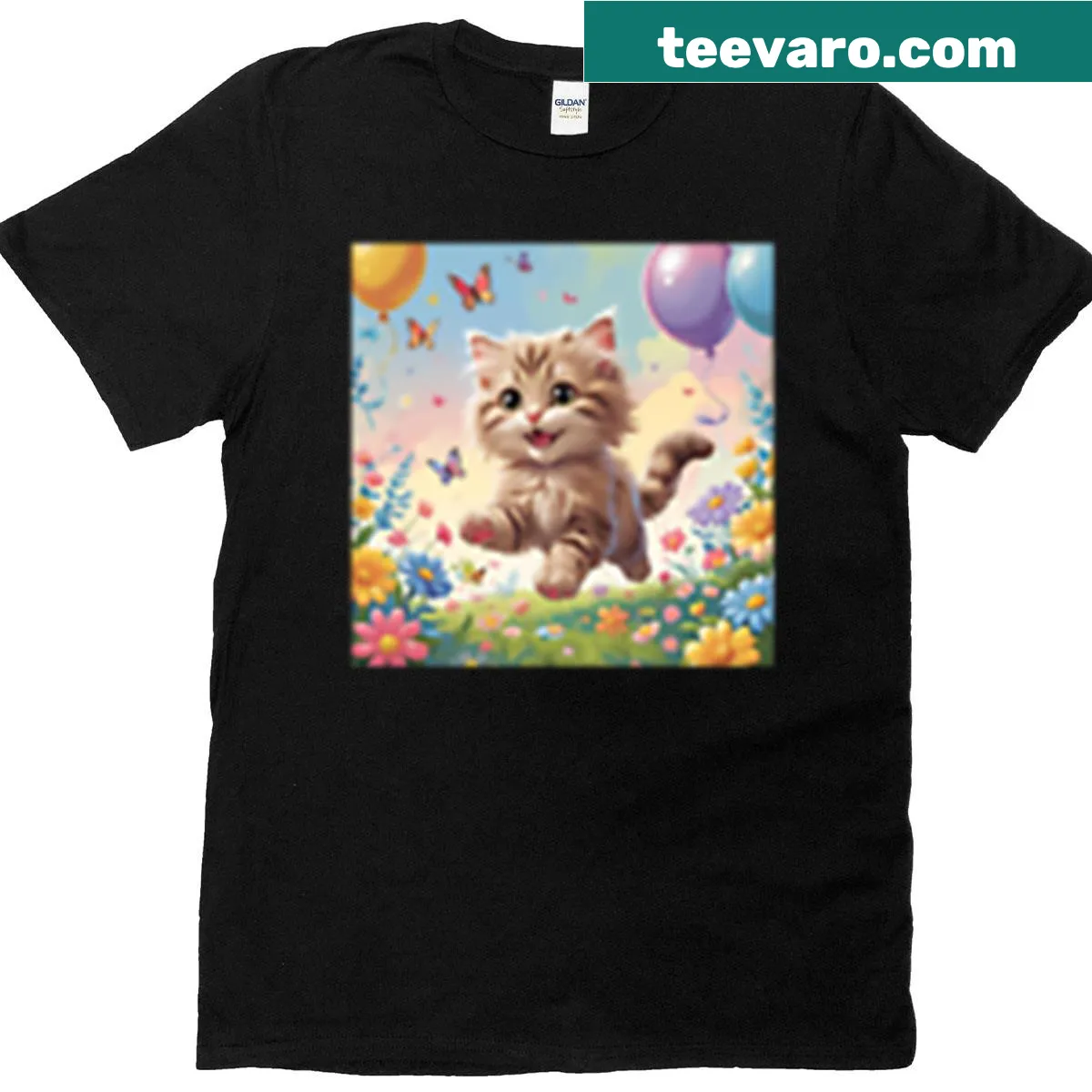 Cute T-shirt with a young cat running in a meadow — on a men's t-shirt