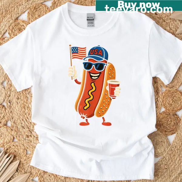 Funny 4th of July T-shirt with hotdog and USA flag graphics.