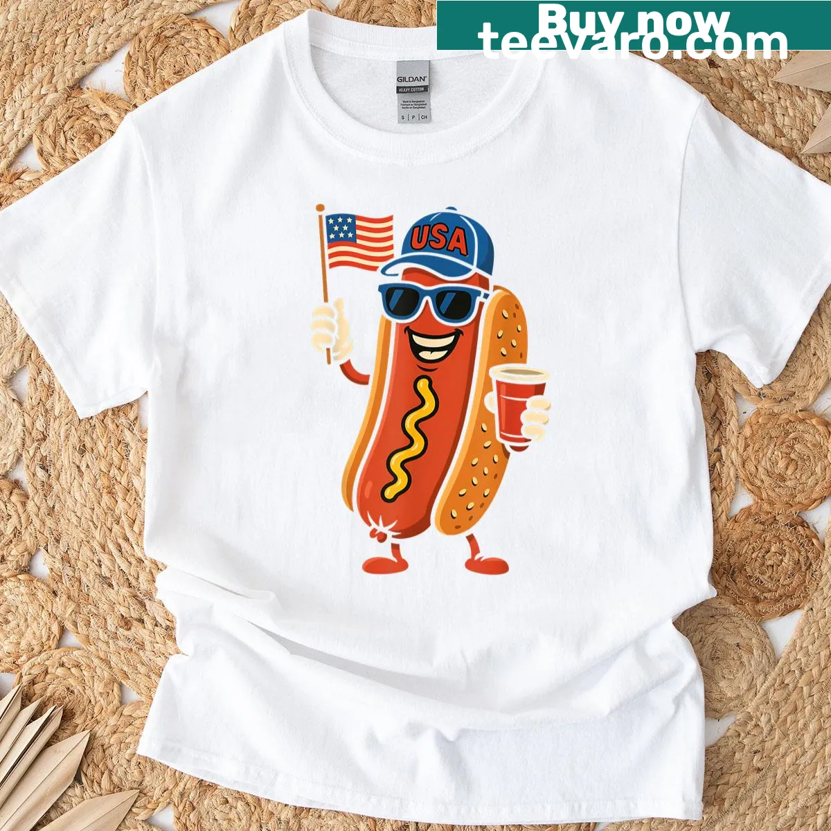Funny 4th of July T-shirt with hotdog and USA flag graphics. — on a men's t-shirt
