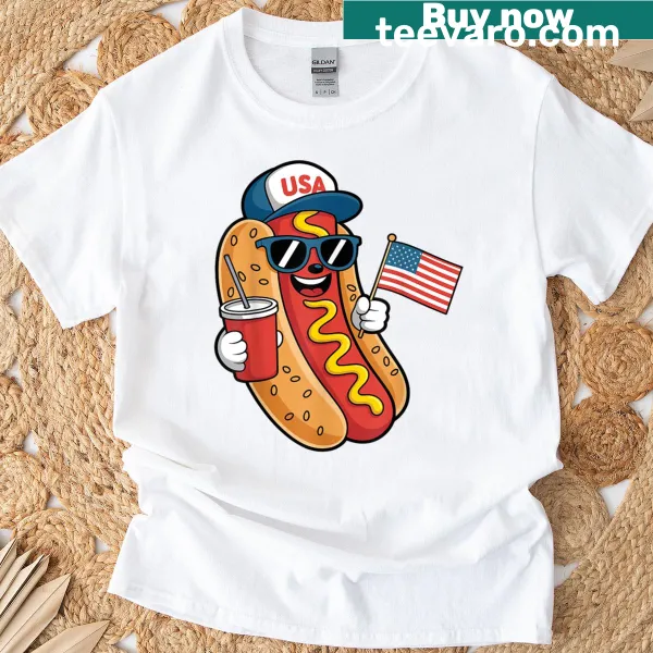Funny hotdog graphic with USA flag design for Fourth of July