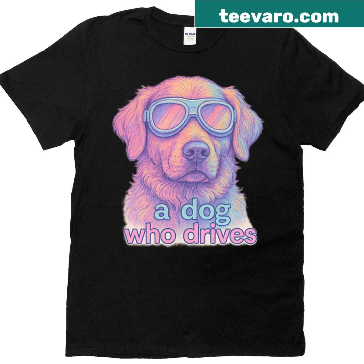 Playful t-shirt showcasing a cartoon dog driving — on a men's t-shirt