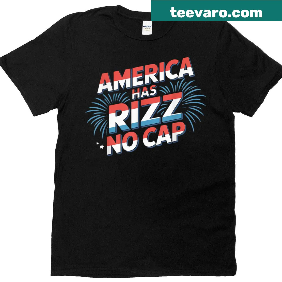 Fourth of July shirt with humorous text 'America Has Rizz No Cap' — on a men's t-shirt