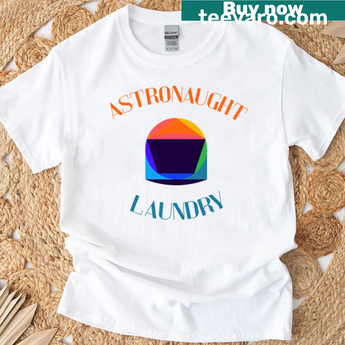 T-shirt with a playful astronaut-themed laundry logo — on a men's t-shirt