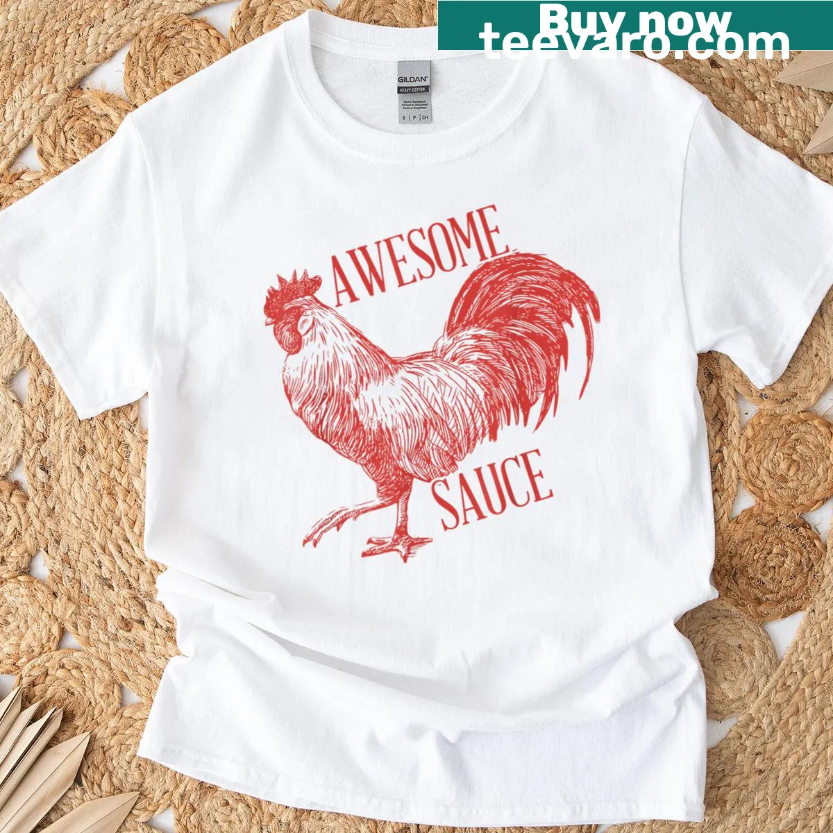 Humorous T-shirt featuring a rooster and the phrase 'Awesome Sauce'. — on a men's t-shirt