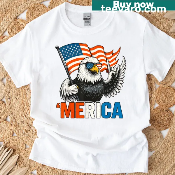 Bald eagle with American flag and Merica Rock text design