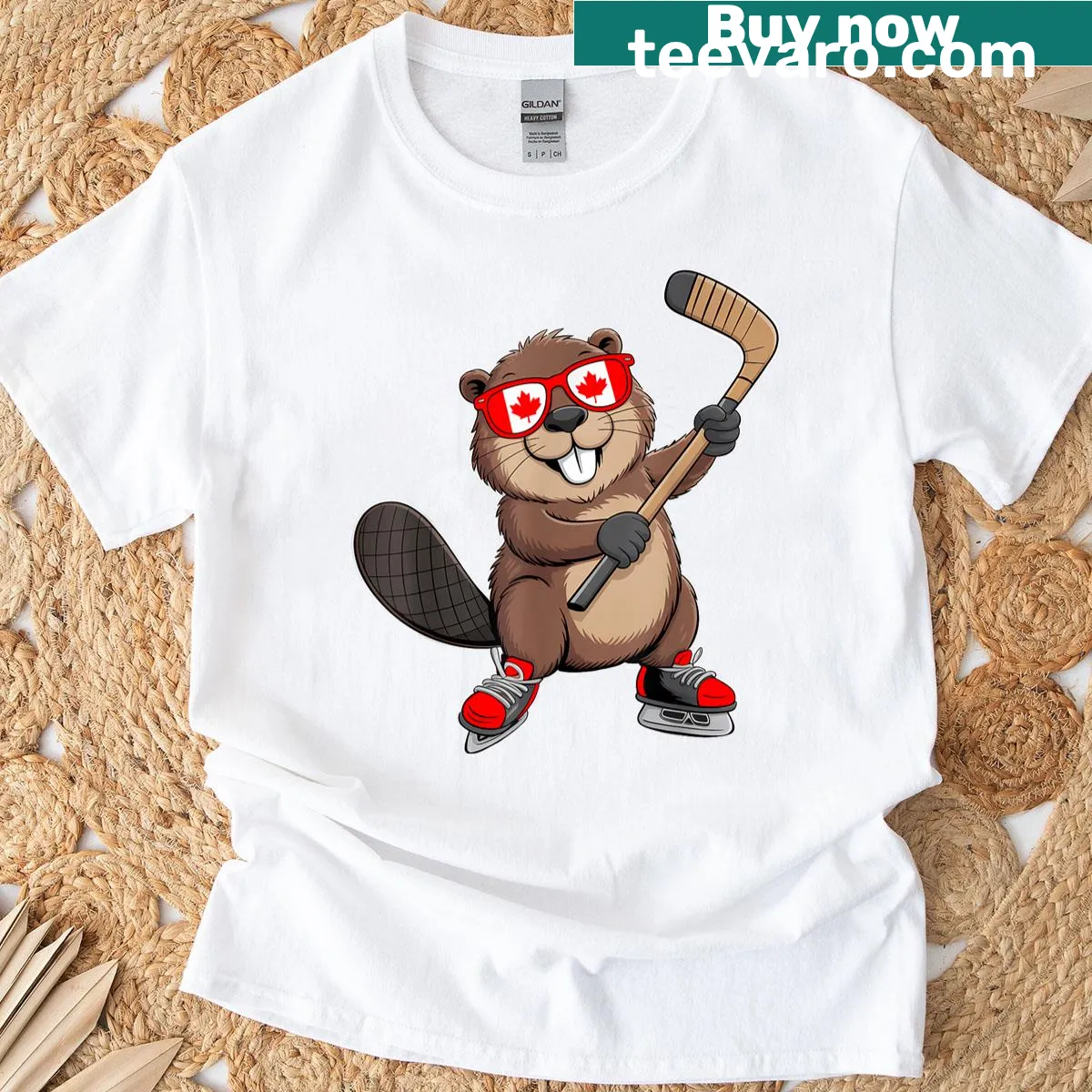 Cartoon beaver playing ice hockey with Canadian flag — on a men's t-shirt