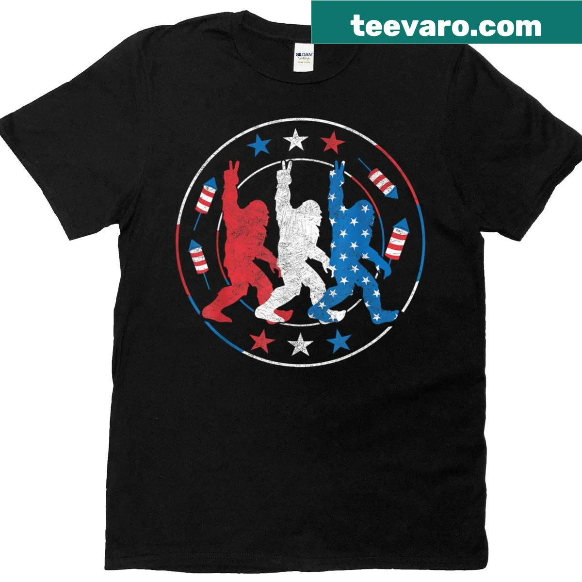 Bigfoot with fireworks and the American flag on a t-shirt — on a men's t-shirt