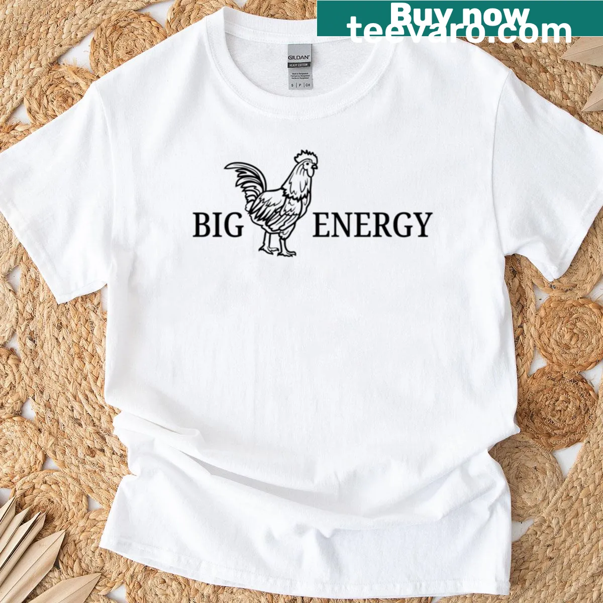 Humorous 'Big Rooster Energy' t-shirt featuring a rooster graphic — on a men's t-shirt