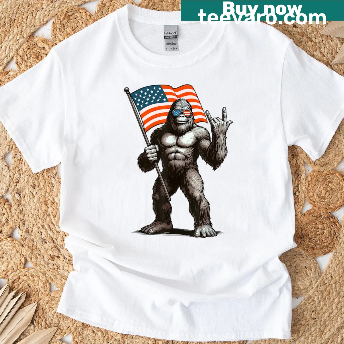Funny Bigfoot T-shirt with American flag for Fourth of July — on a men's t-shirt