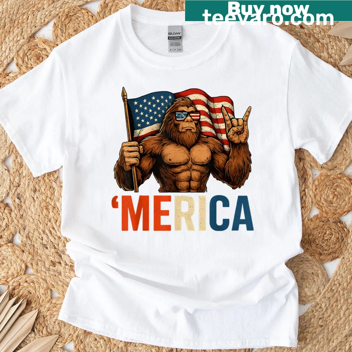 Playful Bigfoot t-shirt with American flag design — on a men's t-shirt
