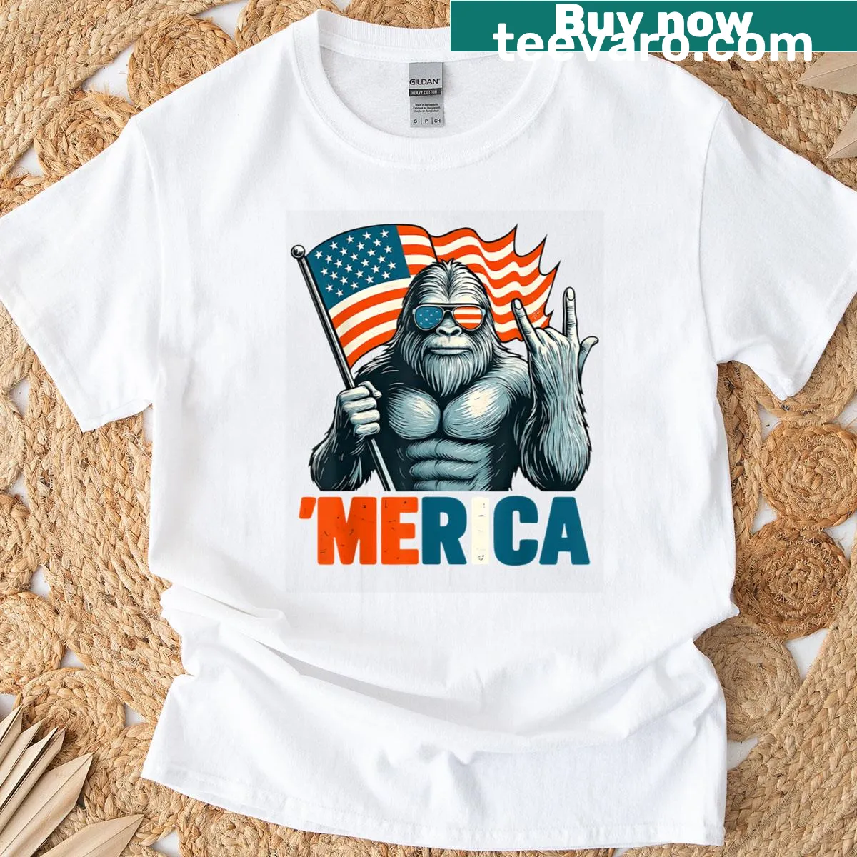 Bigfoot t-shirt featuring American flag illustration — on a men's t-shirt