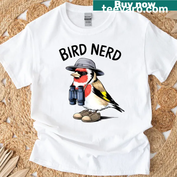 Cartoon Bird Nerd T-shirt with binoculars graphic