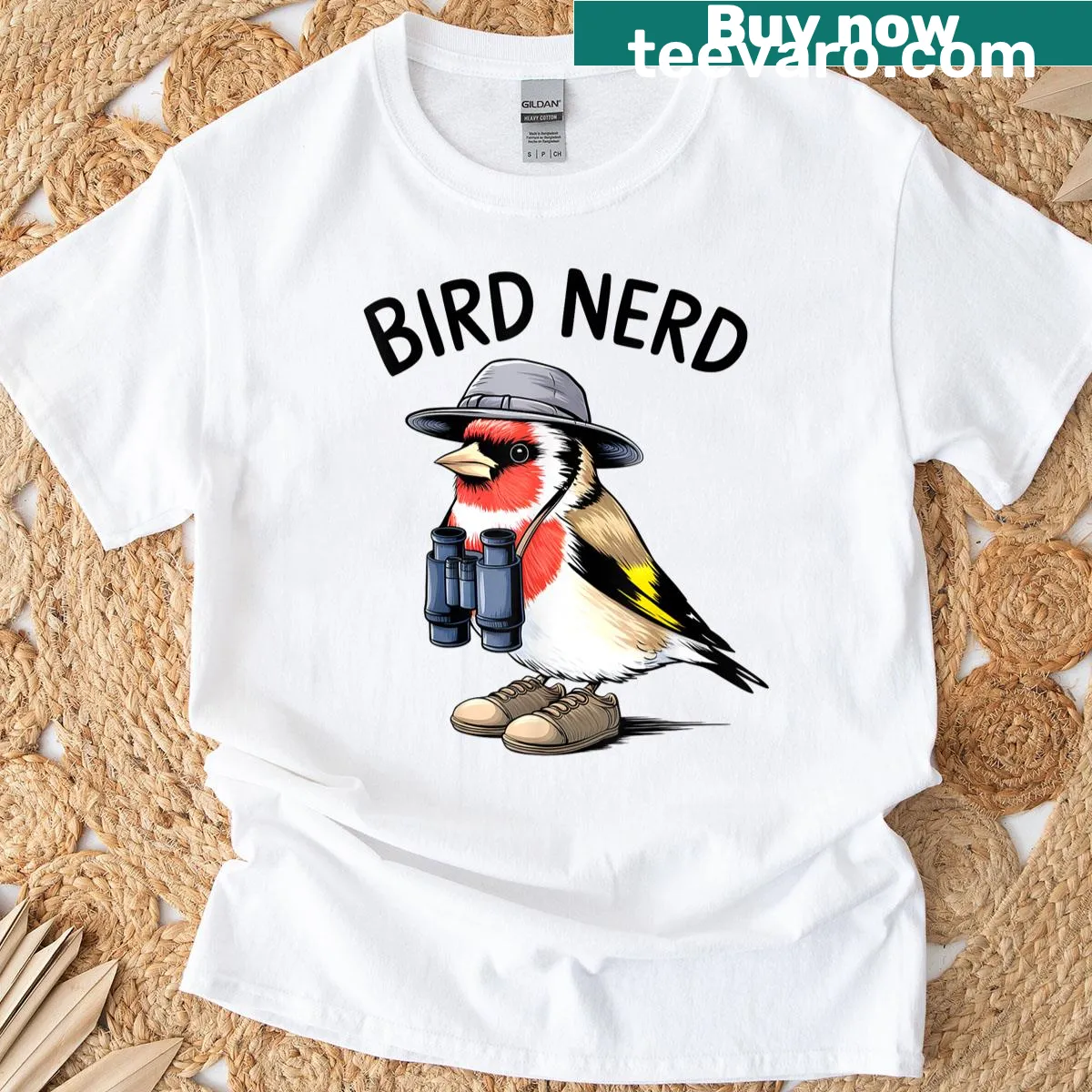 Cartoon Bird Nerd T-shirt with binoculars graphic — on a men's t-shirt