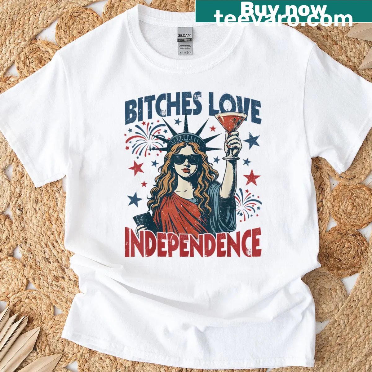 Humorous 'Bitches Love Freedom' t-shirt for Fourth of July — on a men's t-shirt