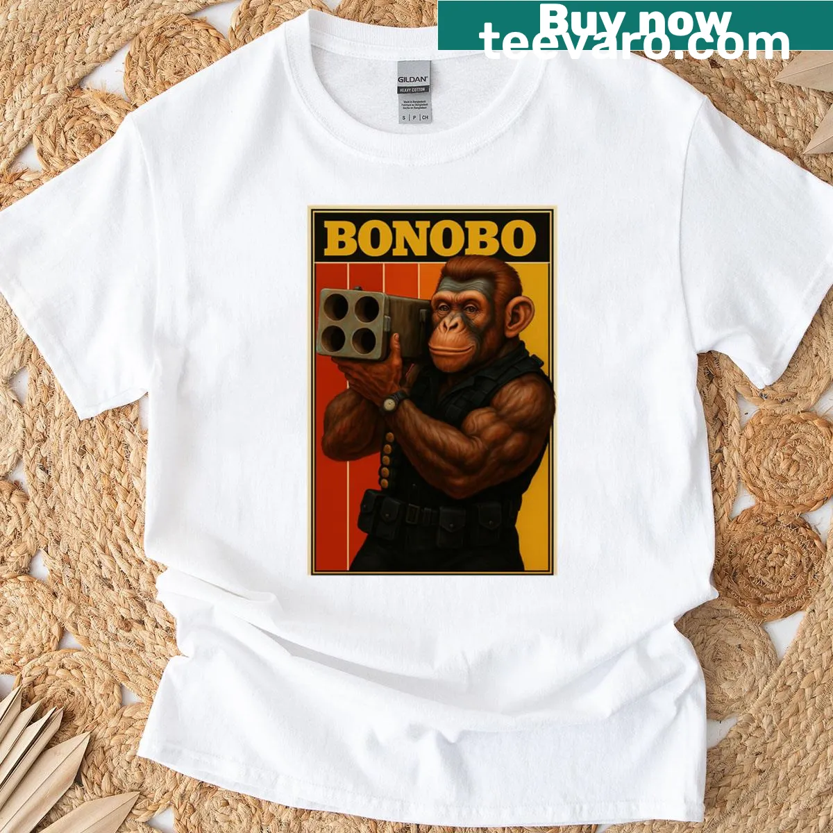 Graphic T-shirt featuring a playful illustration of a bonobo. — on a men's t-shirt