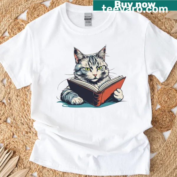 Illustration of a cat reading a book on a t-shirt