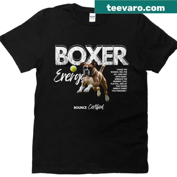 Vintage-style dog t-shirt featuring a boxer and Bounce Certified text