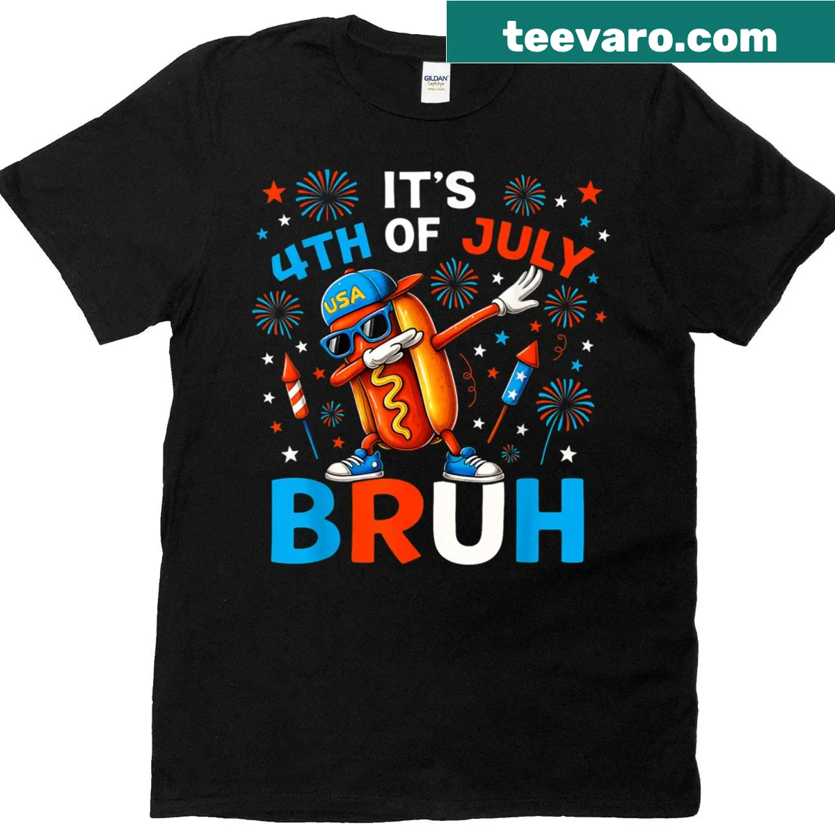 Funny kids Fourth of July t-shirt with hotdog graphic — on a men's t-shirt