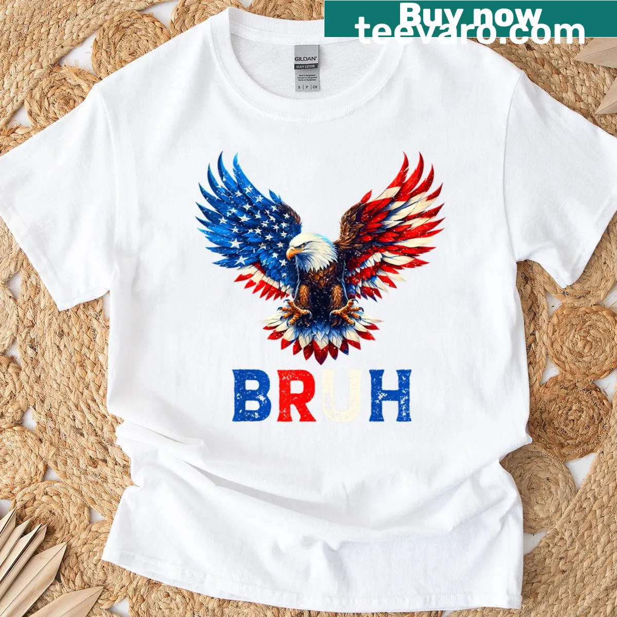 Funny 4th of July T-shirt with bald eagle and 'Bruh' text — on a men's t-shirt