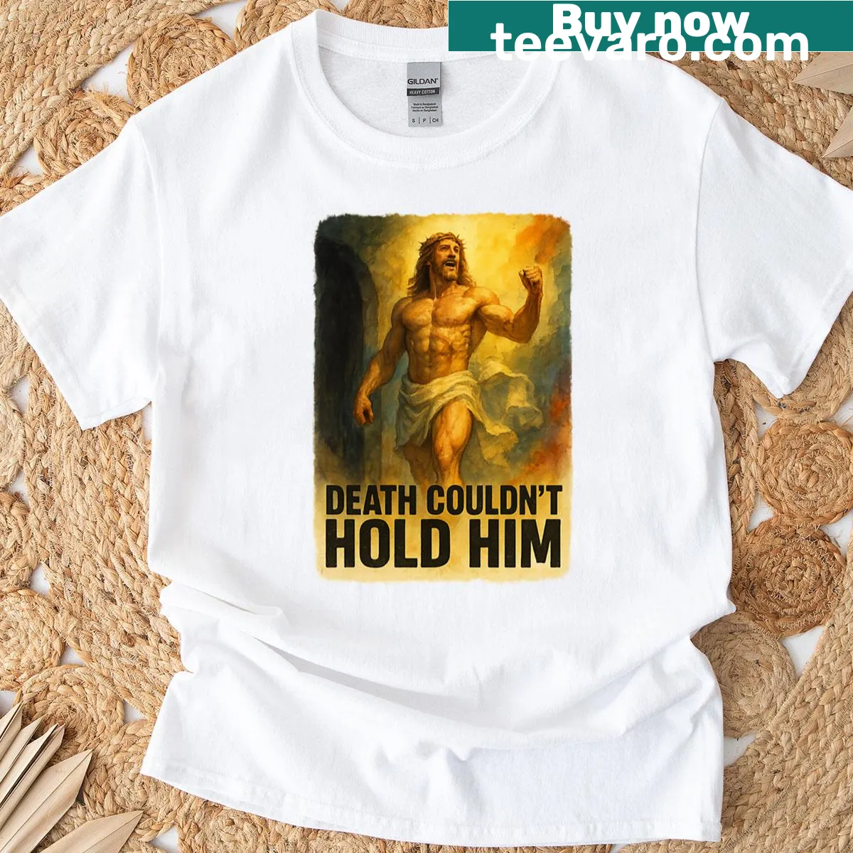 Inspirational oversized T-shirt featuring Buff Jesus graphic and text — on a men's t-shirt