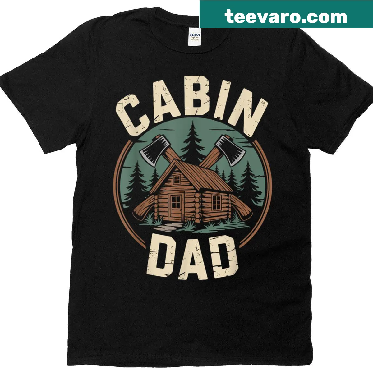 Vintage-style T-shirt featuring a nostalgic cabin scene for outdoor dads. — on a men's t-shirt