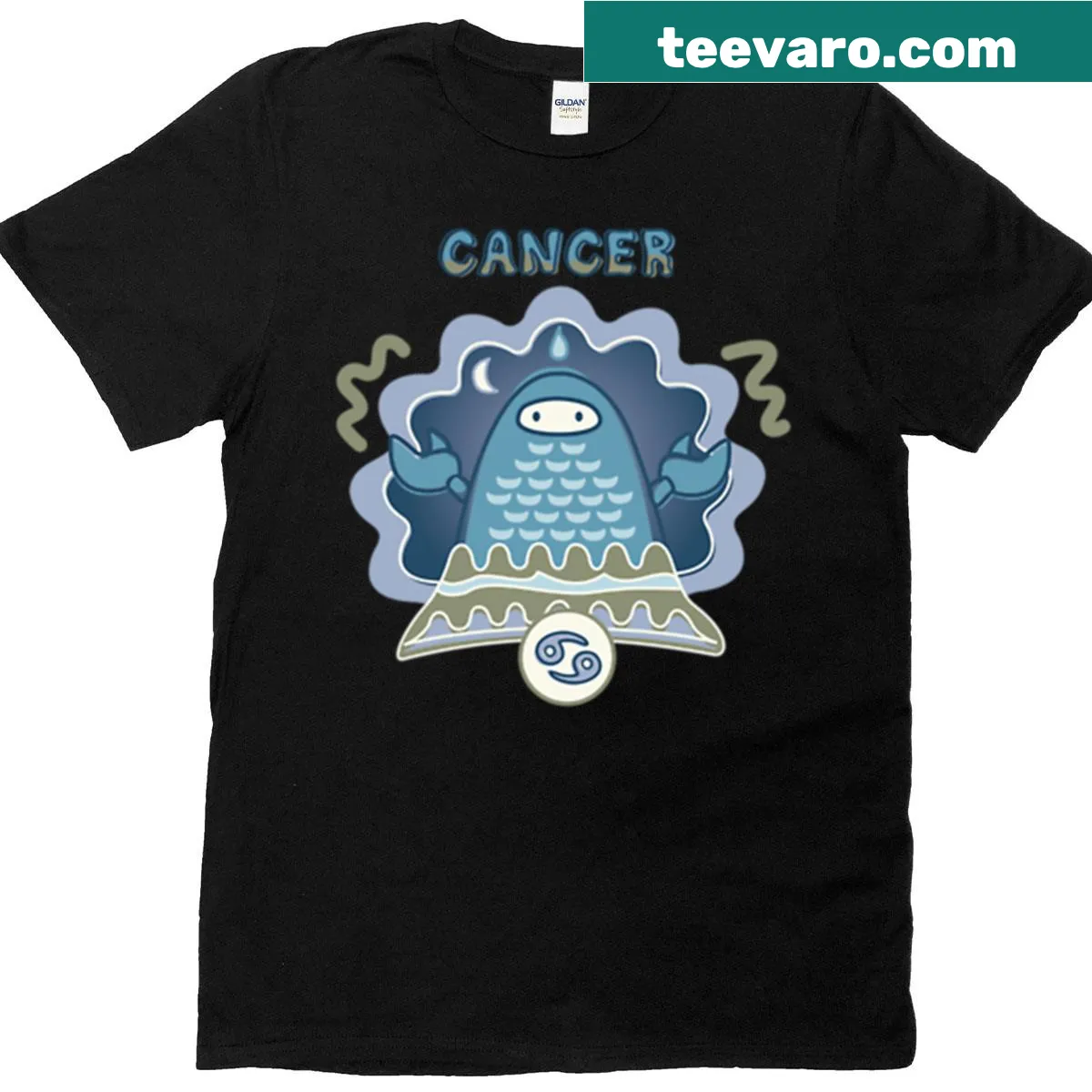 Illustration of a cancer symbol reflected in a mountain lake — on a men's t-shirt