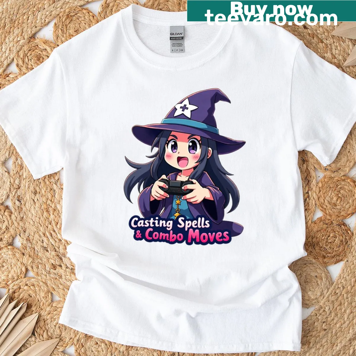 Gamer t-shirt featuring witchcraft and gaming graphics with spell themes. — on a men's t-shirt