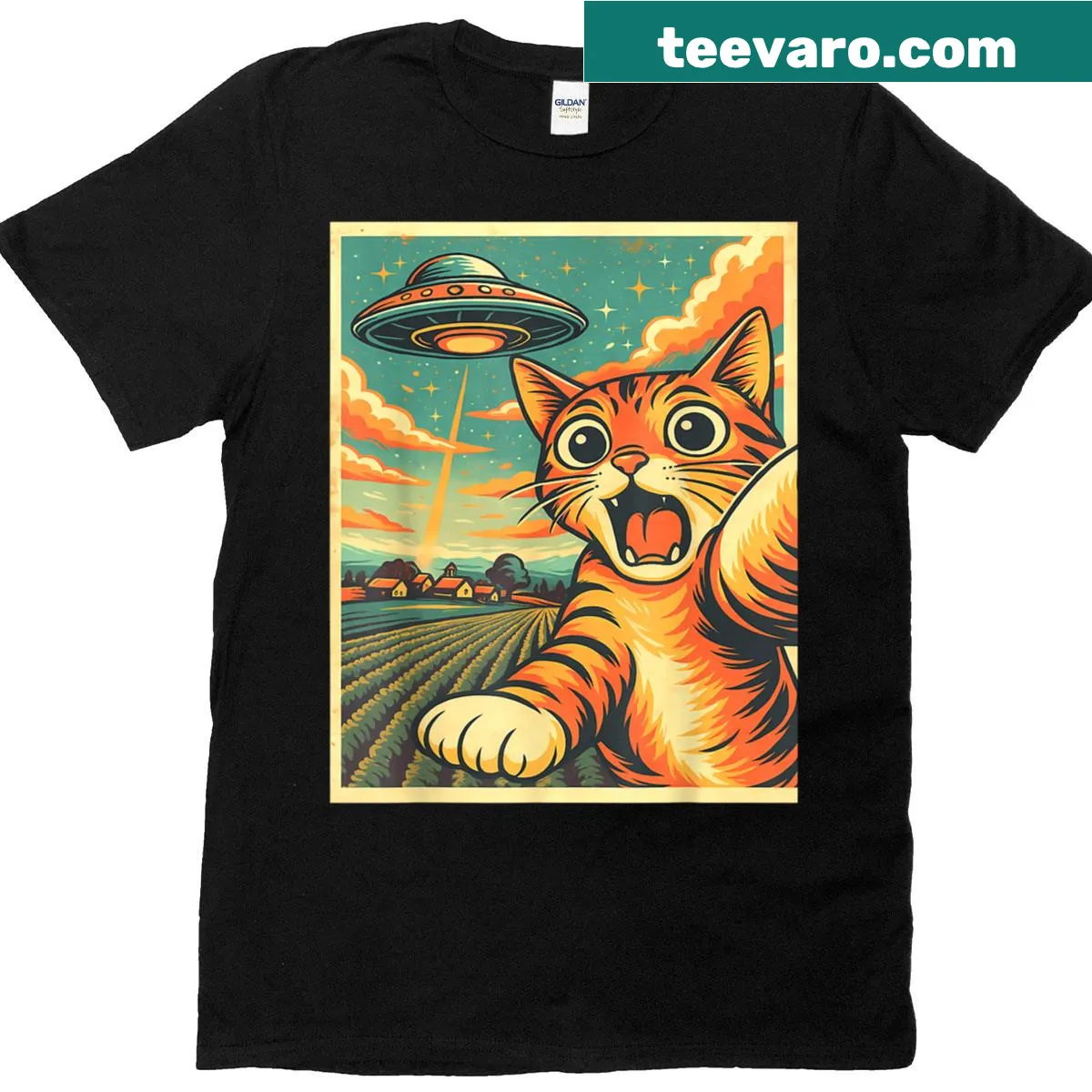 Funny graphic of a cat selfie with alien in a UFO on a T-shirt — on a men's t-shirt