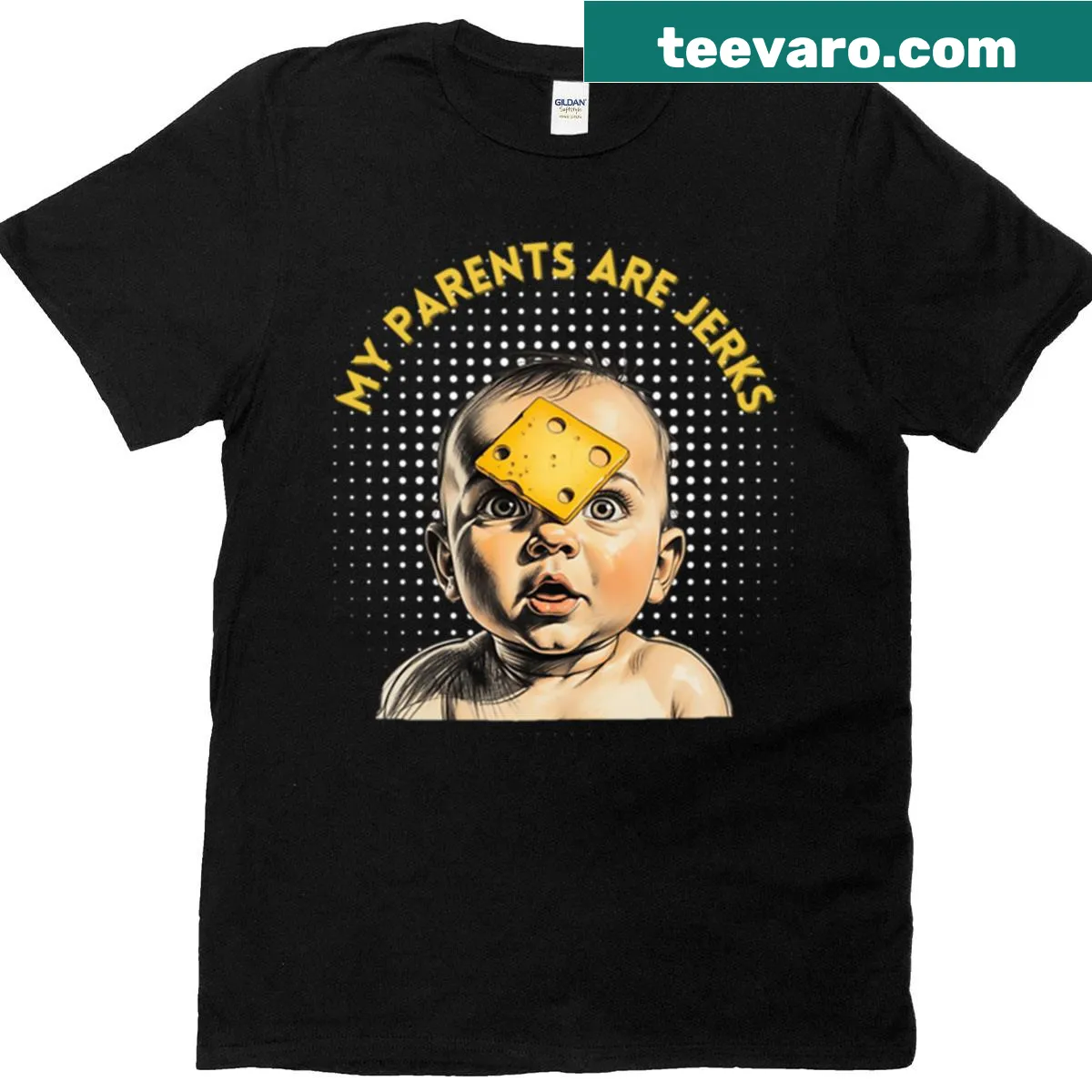 Funny Cheese Baby T-shirt with a playful slogan for children — on a men's t-shirt
