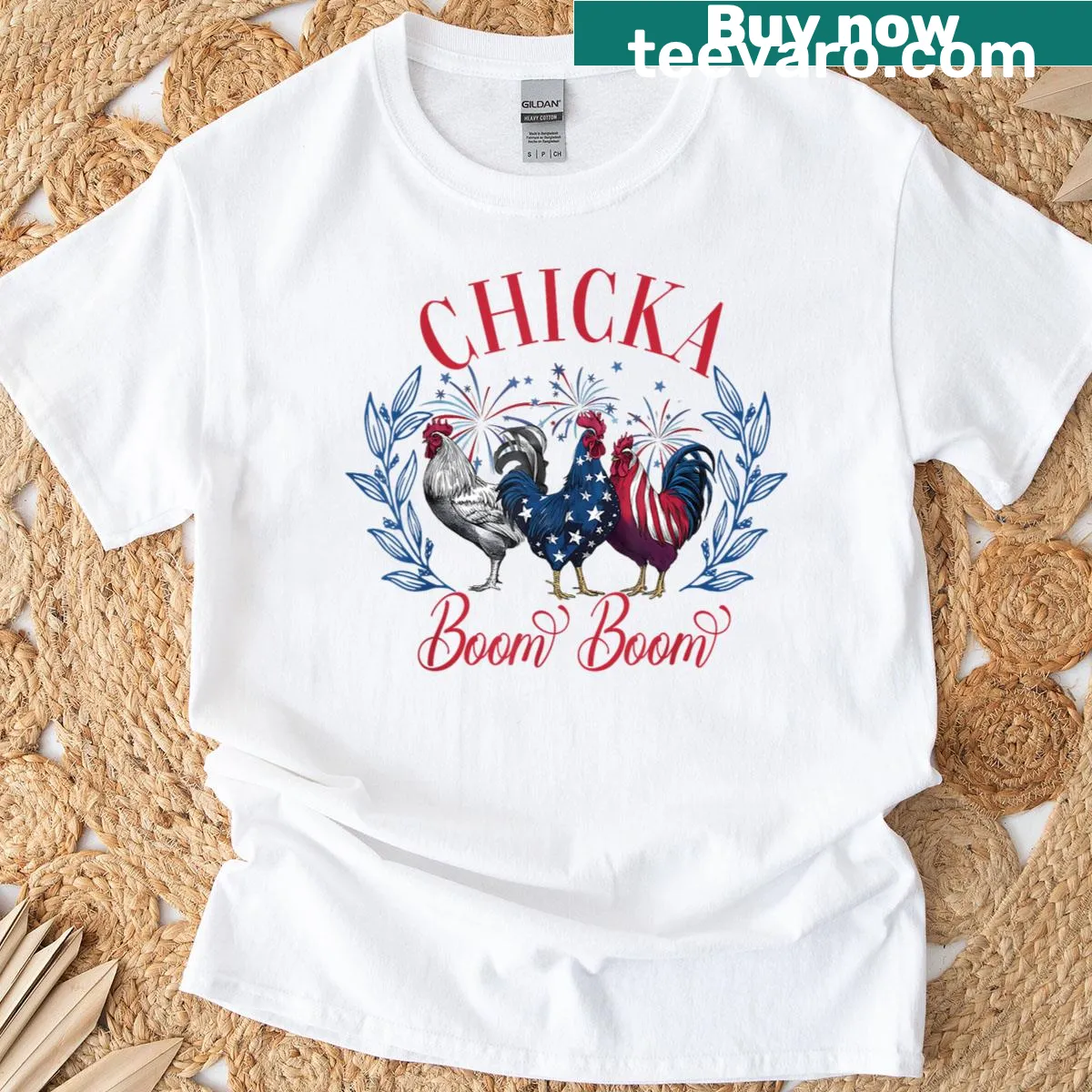 Patriotic chicken graphic with 'Chicka Boom Boom' text — on a men's t-shirt